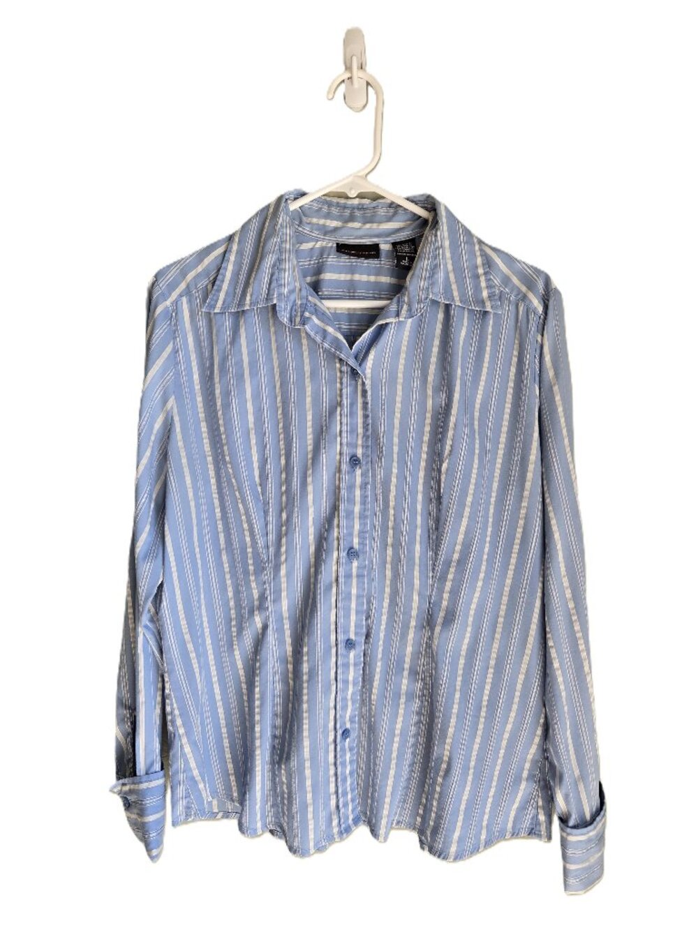 NEW YORK & COMPANY Pleated Stretch Blouse Shirt Blue w/ White Stripe Women's L